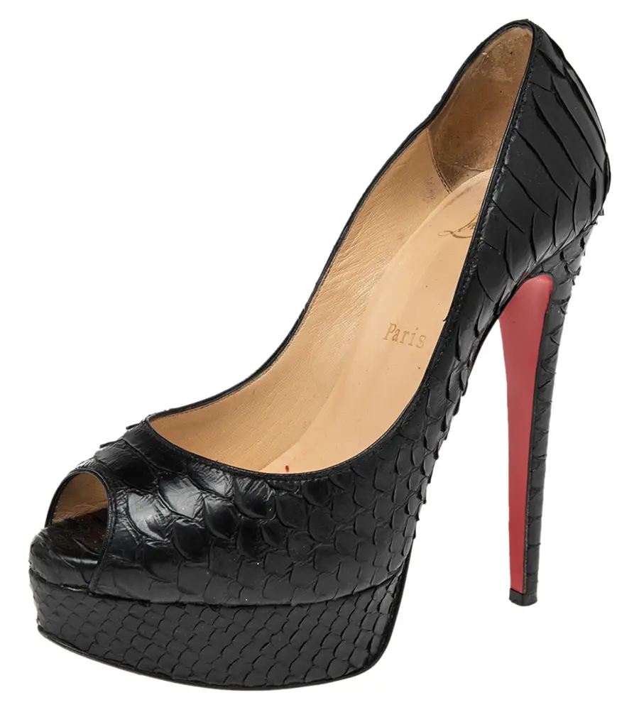 Christian Louboutin Lady Peep Size 35 Black Python Leather Peep Toe Pumps