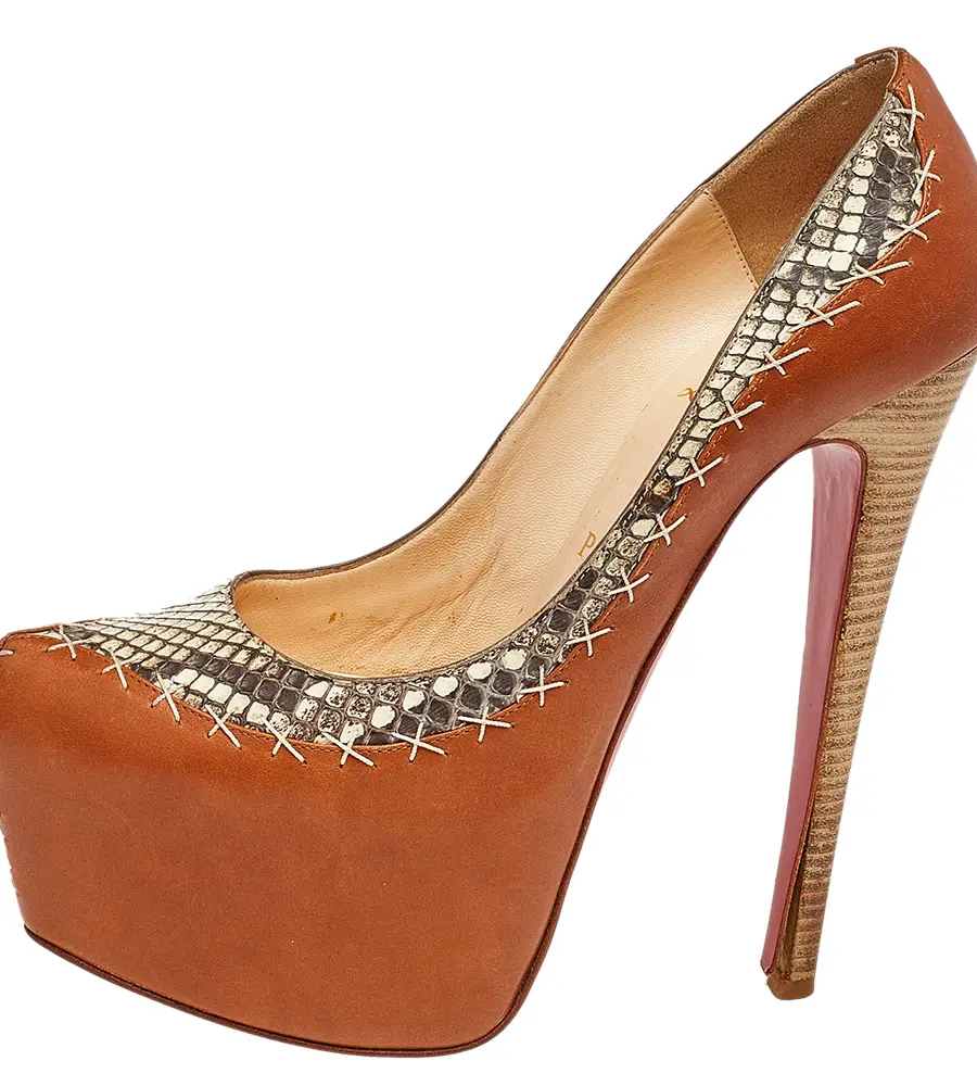Christian Louboutin Daffodile Size 38 Brown Leather and Python Leather Platform Pumps