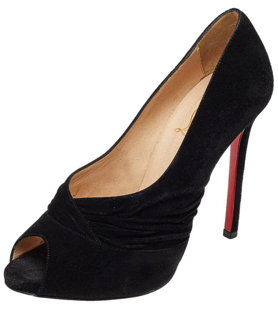 Christian Louboutin Black Suede Ruched Detail Drapadita Peep Toe Pumps Size 37.5