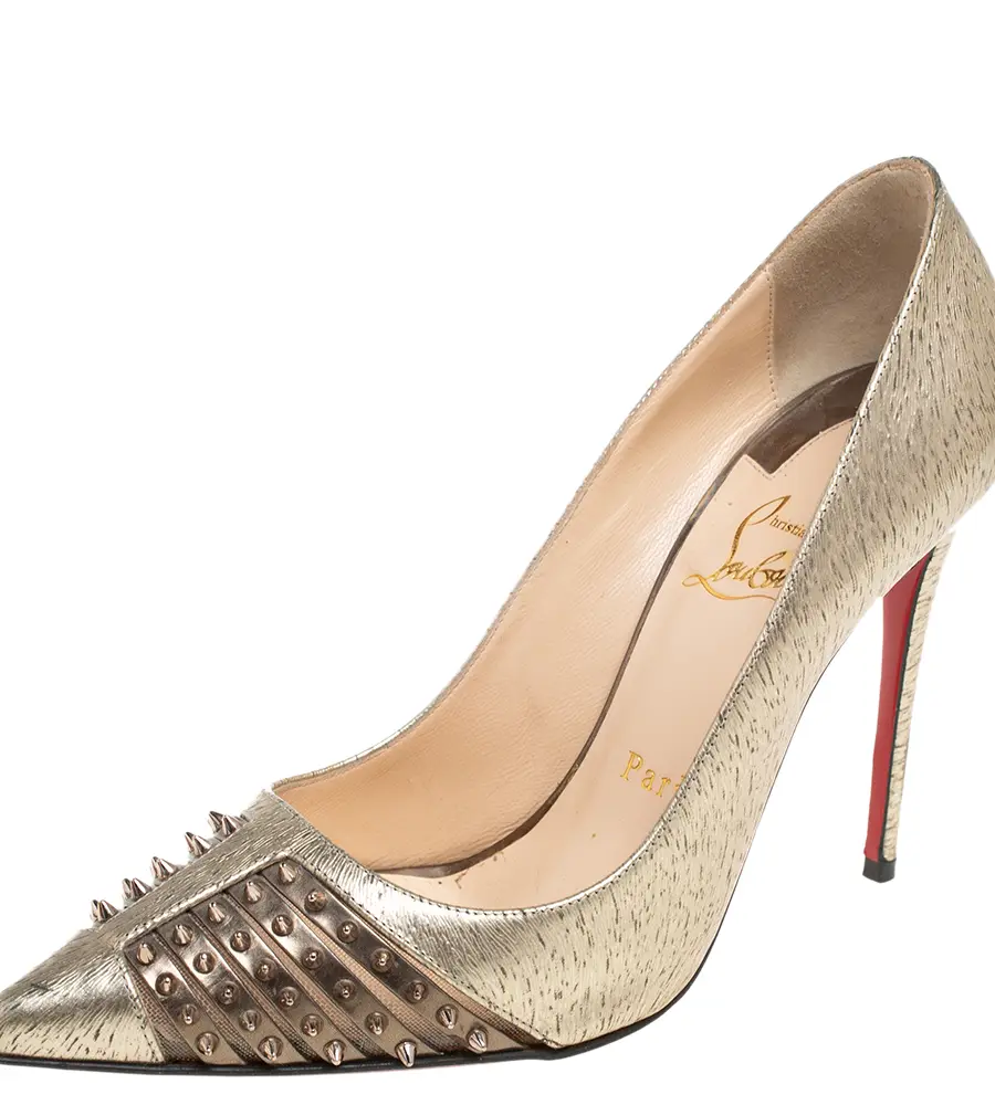 Christian Louboutin Gold Textured Leather Spike Bareta Pumps Size 36
