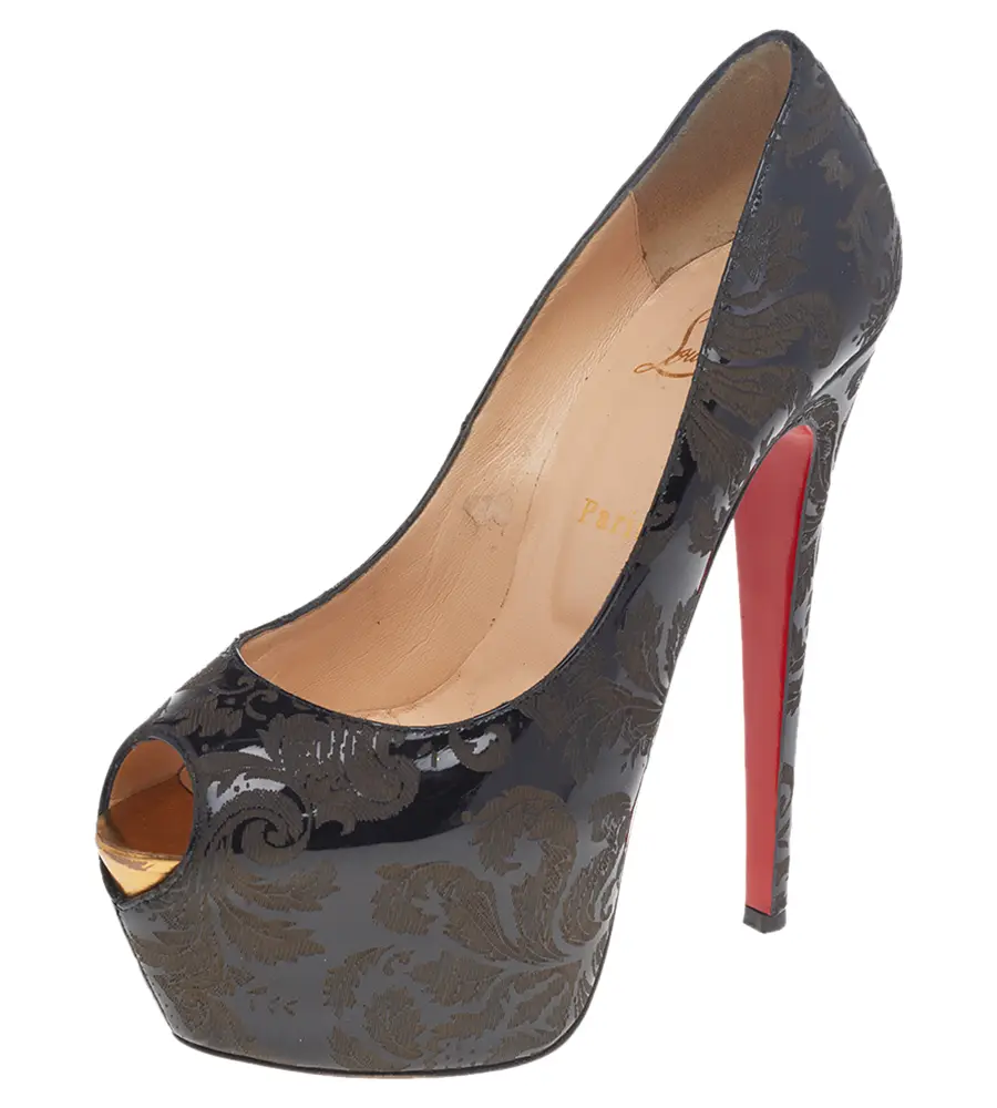 Christian Louboutin Black Patent Leather Highness Arabesque Motif Peep Toe Platform Pumps Size 38.5