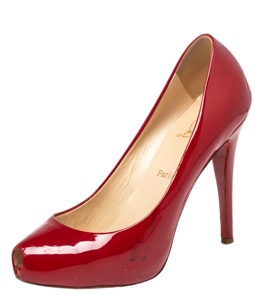 Christian Louboutin Red Patent Leather Peep Toe Platform Pumps Size 38