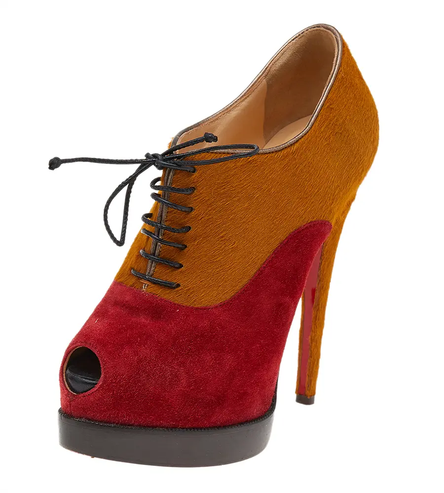 Christian Louboutin Yellow/Red Pony Hair And Suede Miss Poppins Peep Toe Platform Booties Size 36.5
