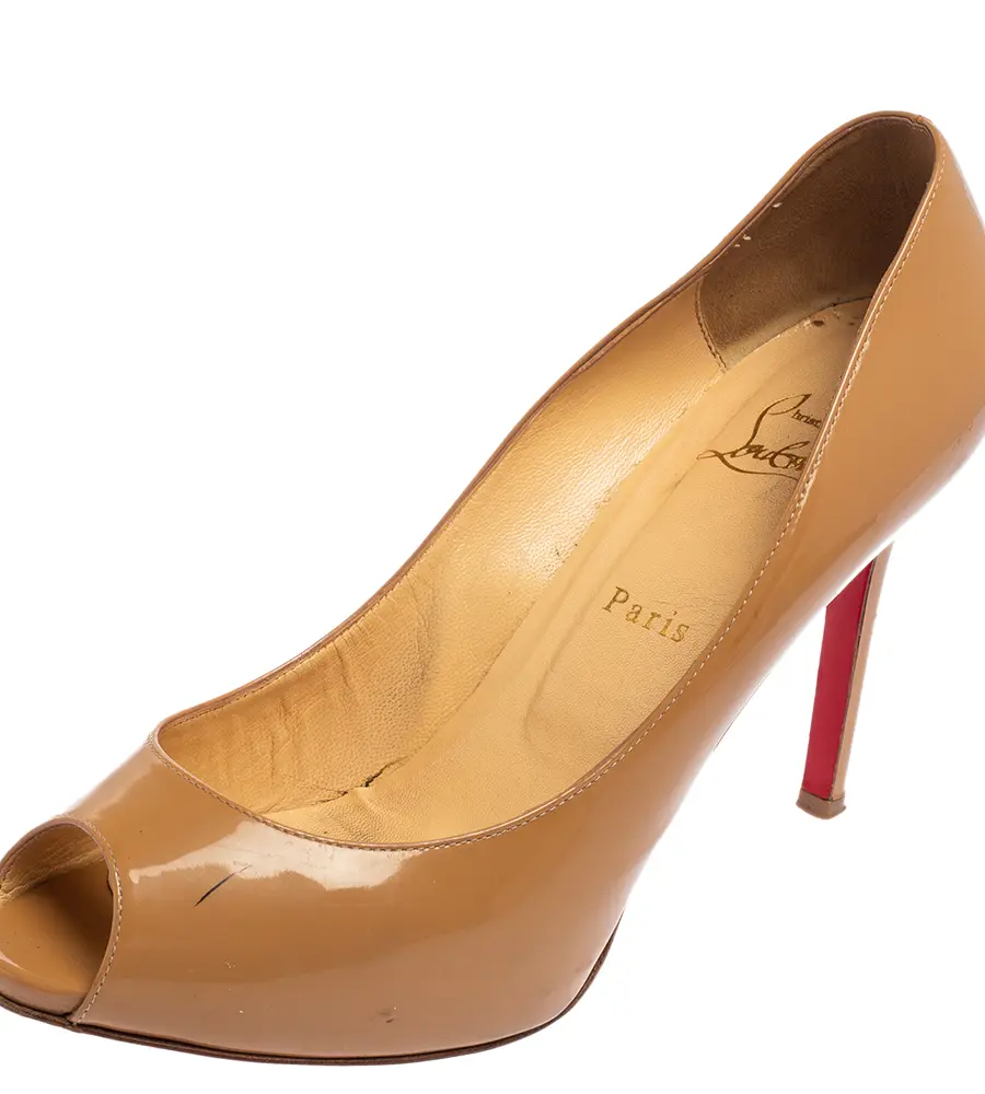 Christian Louboutin Beige Patent Leather Flo Pee Toe Pumps Size 40.5