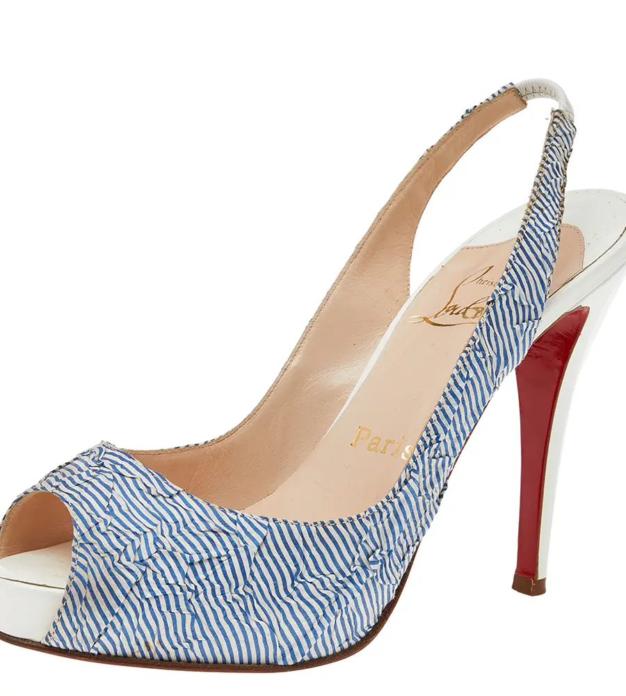 Christian Louboutin White/Blue Striped Fabric Prive Peep Toe Slingback Sandals Size 38