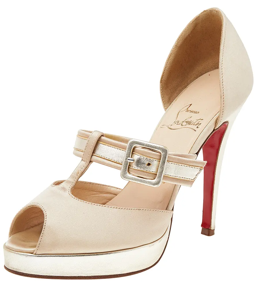 Christian Louboutin Beige-Gold Satin And Leather Peep Toe Platform Pumps Size 37.5
