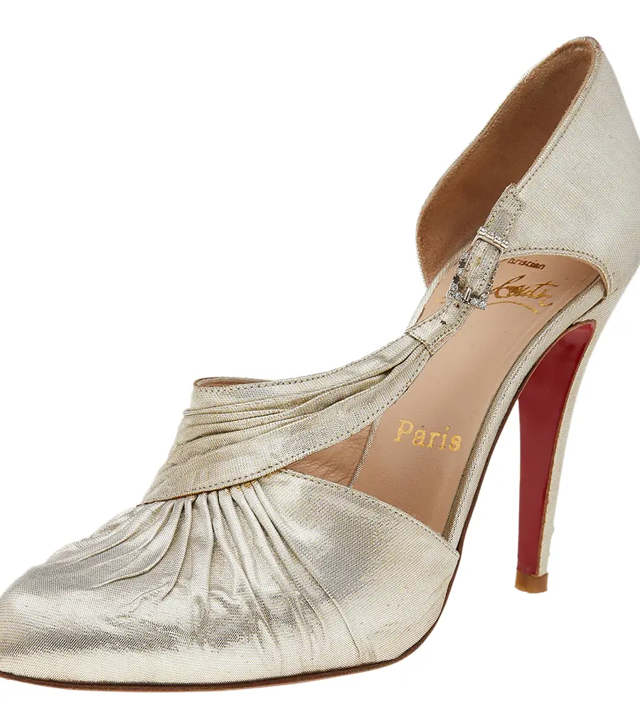 Christian Louboutin Metallic Gold Lam&eacute; Fabric Ruffle D'Orsay Pumps Size 38