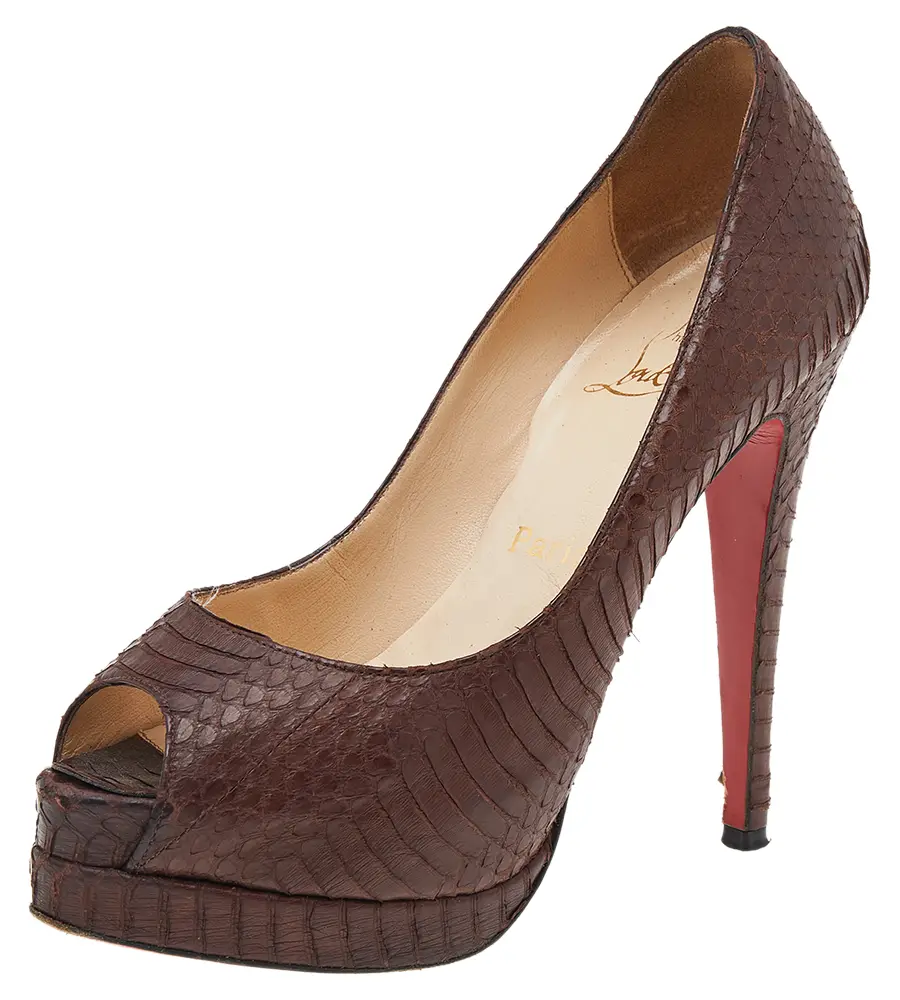 Christian Louboutin Brown Python Embossed Leather Peep Toe Pumps Size 36.5