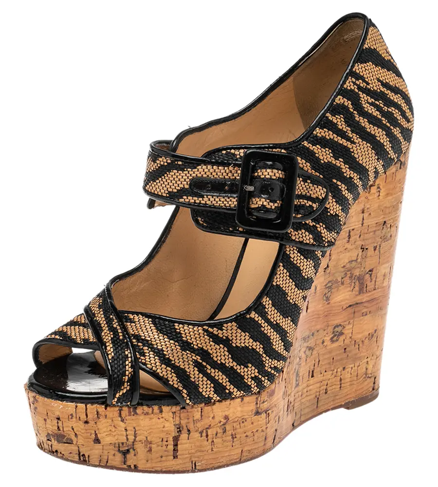 Christian Louboutin Brown Raffia Tiger Melides Wedge Sandals Size 38.5