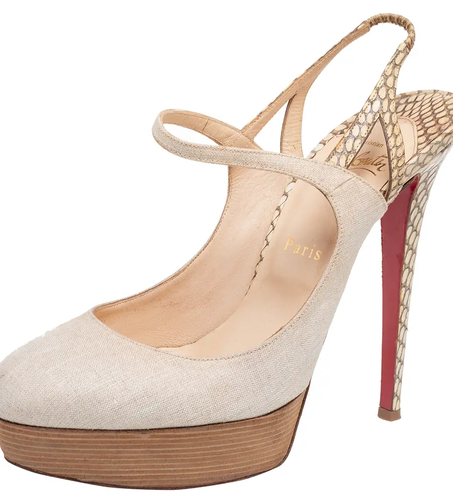 Christian Louboutin Beige Canvas and Snakeskin Fine Bretelle Slingback Pumps Size 39.5
