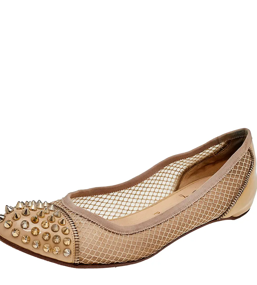 Christian Louboutin Beige Patent Leather and Mesh Spike Ballet Flats Size 40.5
