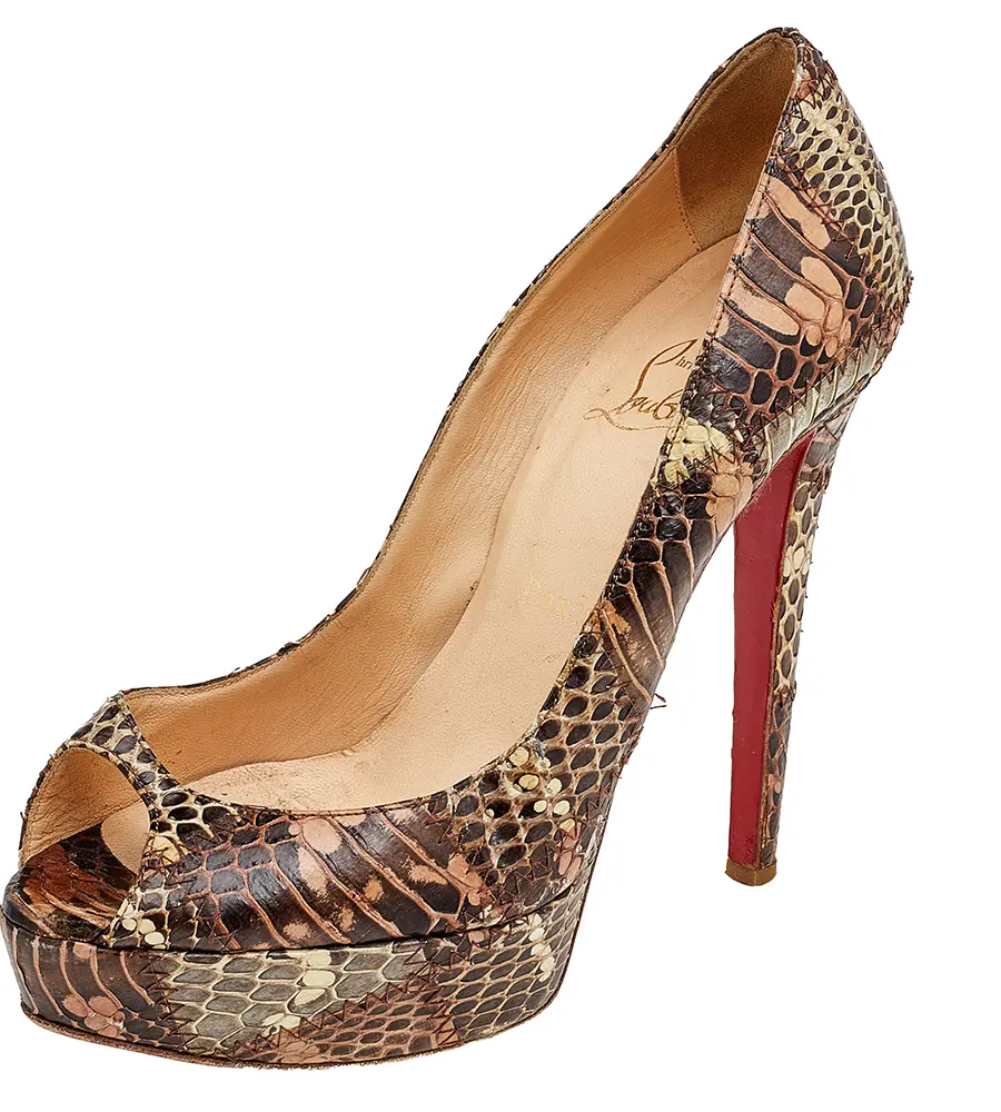 Christian Louboutin Brown Watersnake Patchwork Banana Peep Toe Platform Pumps Size 37.5