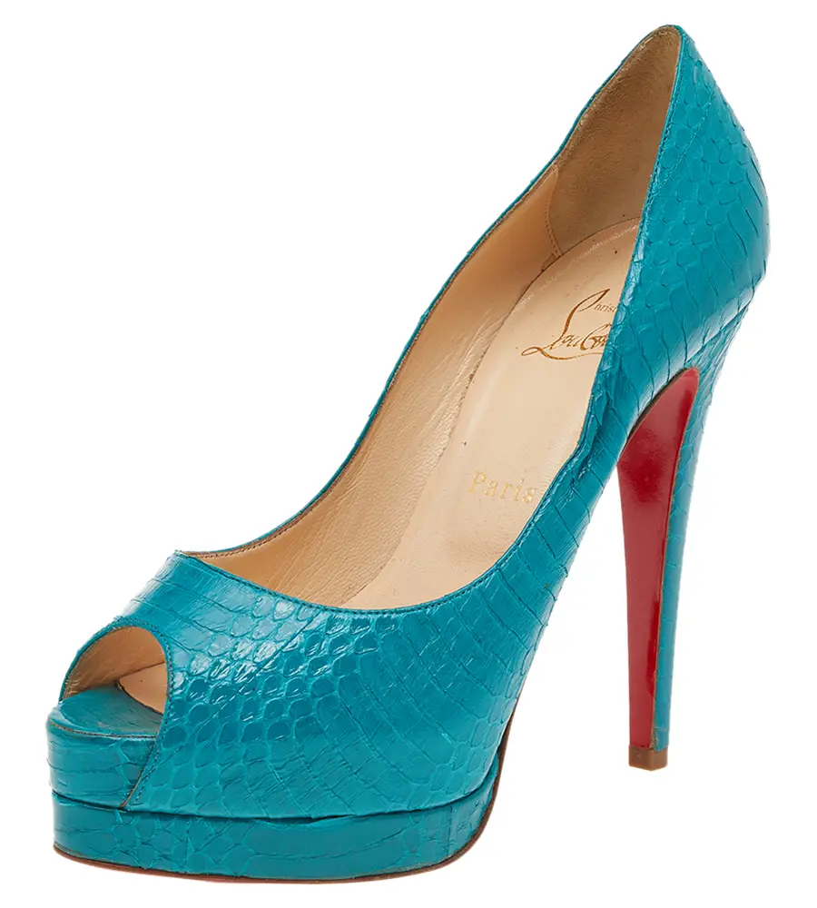 Christian Louboutin Turquoise Blue Python Leather Peep Toe Platform Pumps Size 38