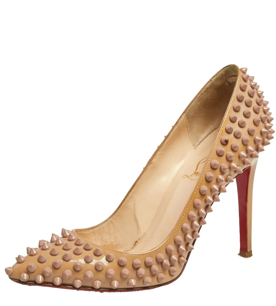 Christian Louboutin Beige Patent Leather Pigalle Spikes Pointed Toe Pumps Size 38