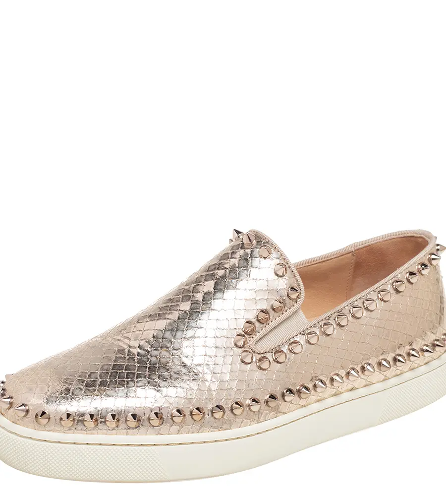 Christian Louboutin Gold Python Embossd Leather Spike Slip On Sneakers Size 37