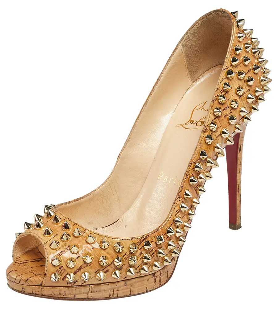 Christian Louboutin Beige Cork Spike Peep Toe Platform Pumps Size 37.5