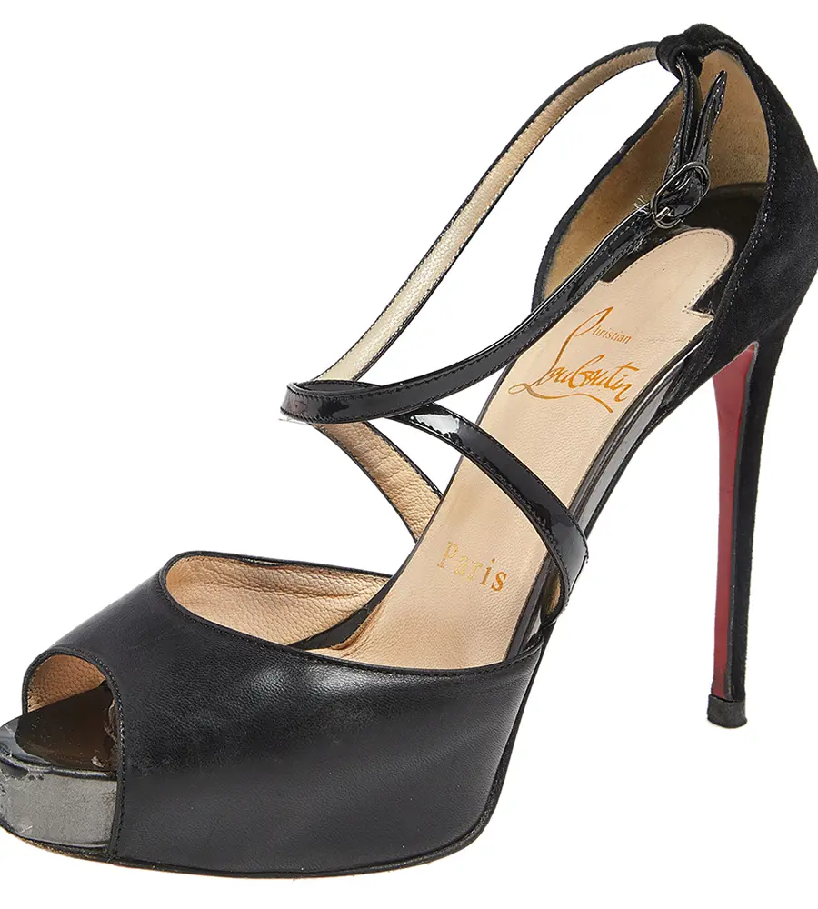 Christian Louboutin Black Patent And Leather Cross Me Crisscross Platform Sandals Size 35