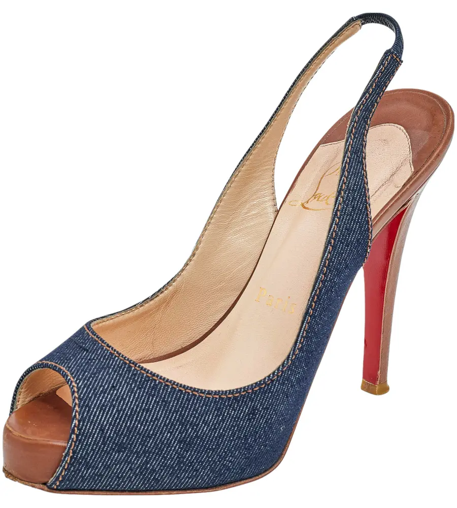 Christian Louboutin Blue Denim Fabric Lady Peep Toe Slingback Platform Sandals Size 36