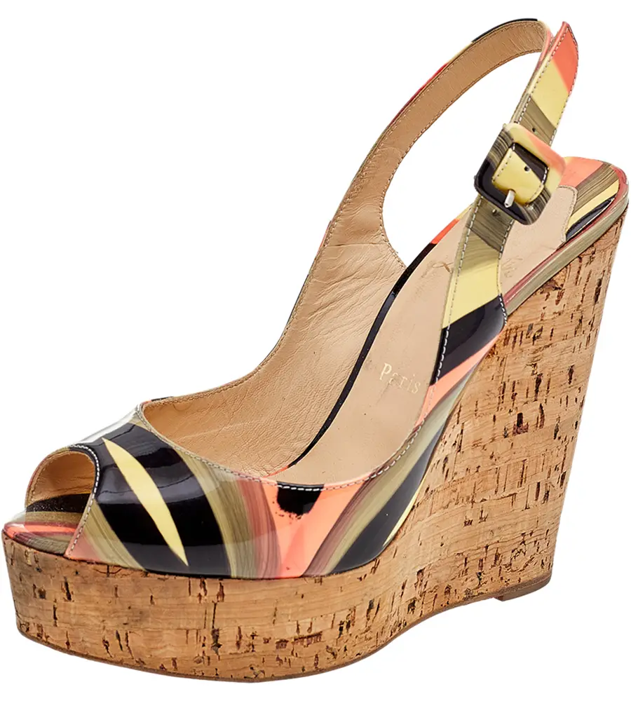 Christian Louboutin Multicolor Patent Leather Une Plume Cork Wedge Slingback Sandals Size 38