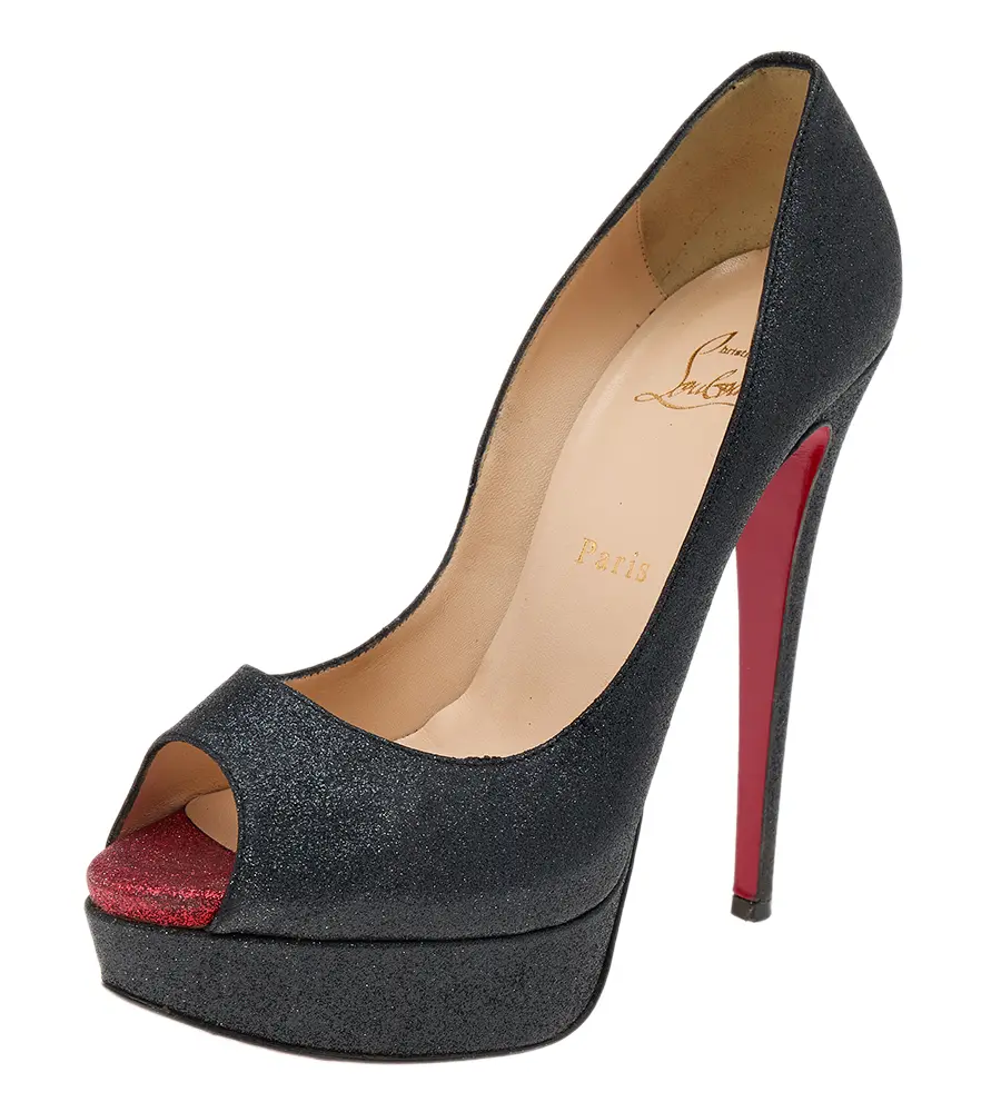 Christian Louboutin Black Shimmer Fabric New Very Prive Peep Toe Platform Pumps Size 38.5