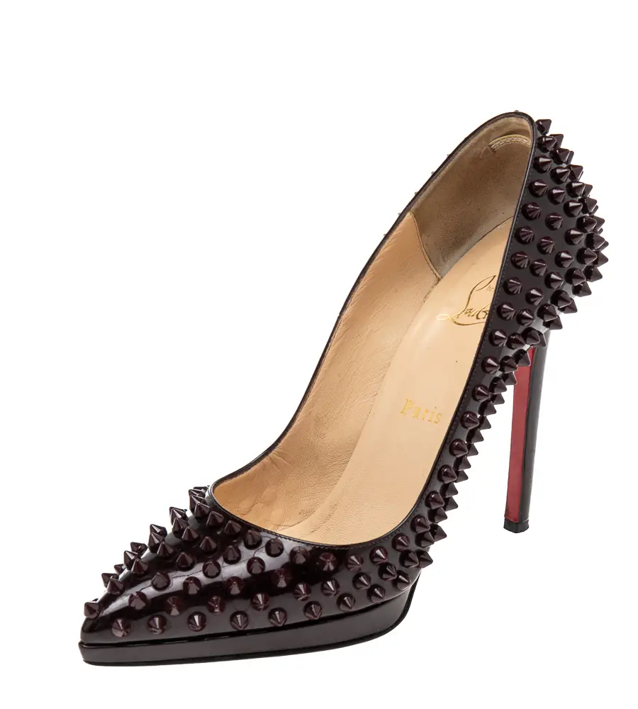 Christian Louboutin Burgundy Patent Leather Pigalle Plato Spikes Pumps Size 38.5