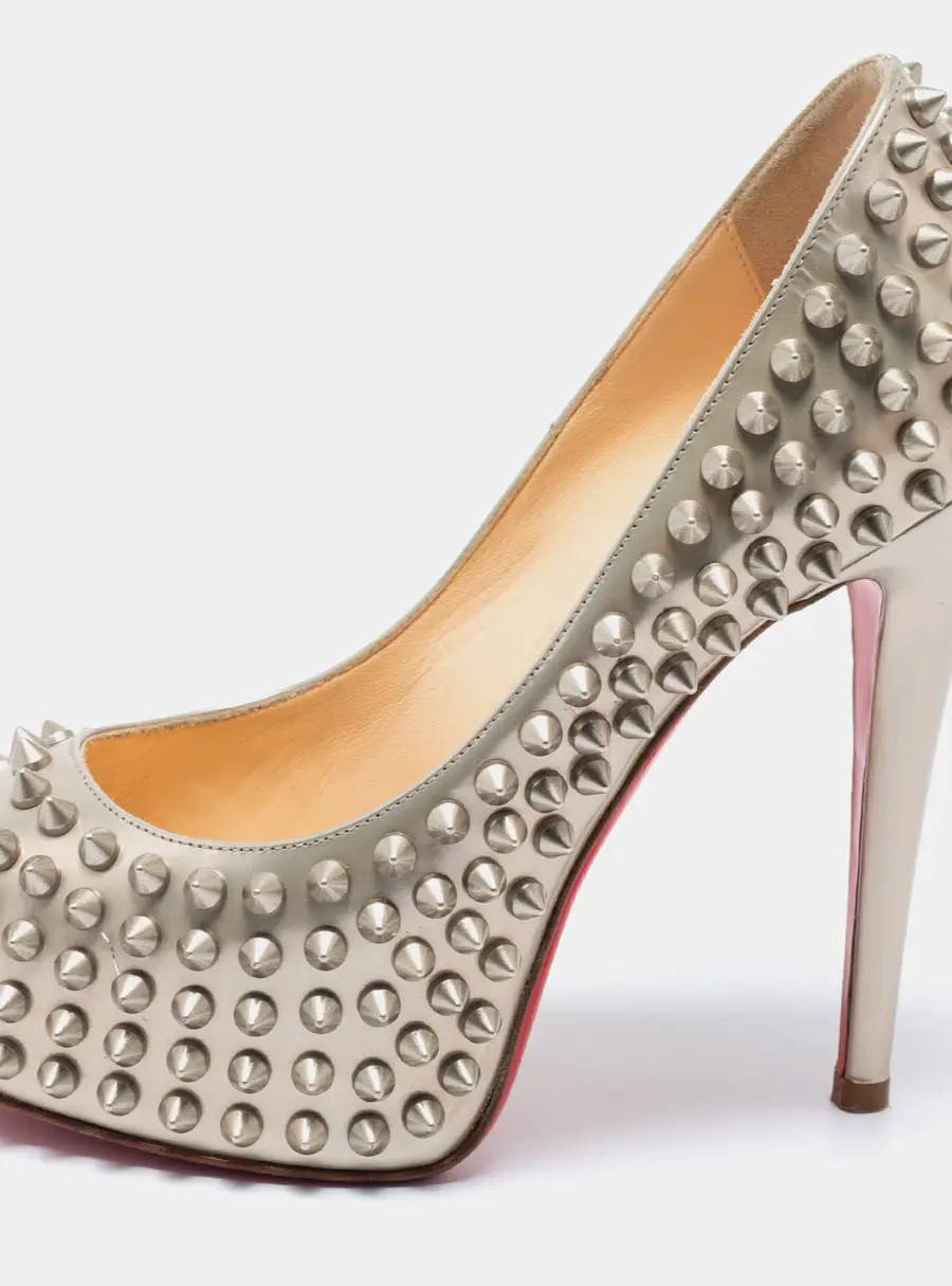 Christian Louboutin Grey Patent Leather Lady Peep Toe Spikes Platform Pumps Size 34