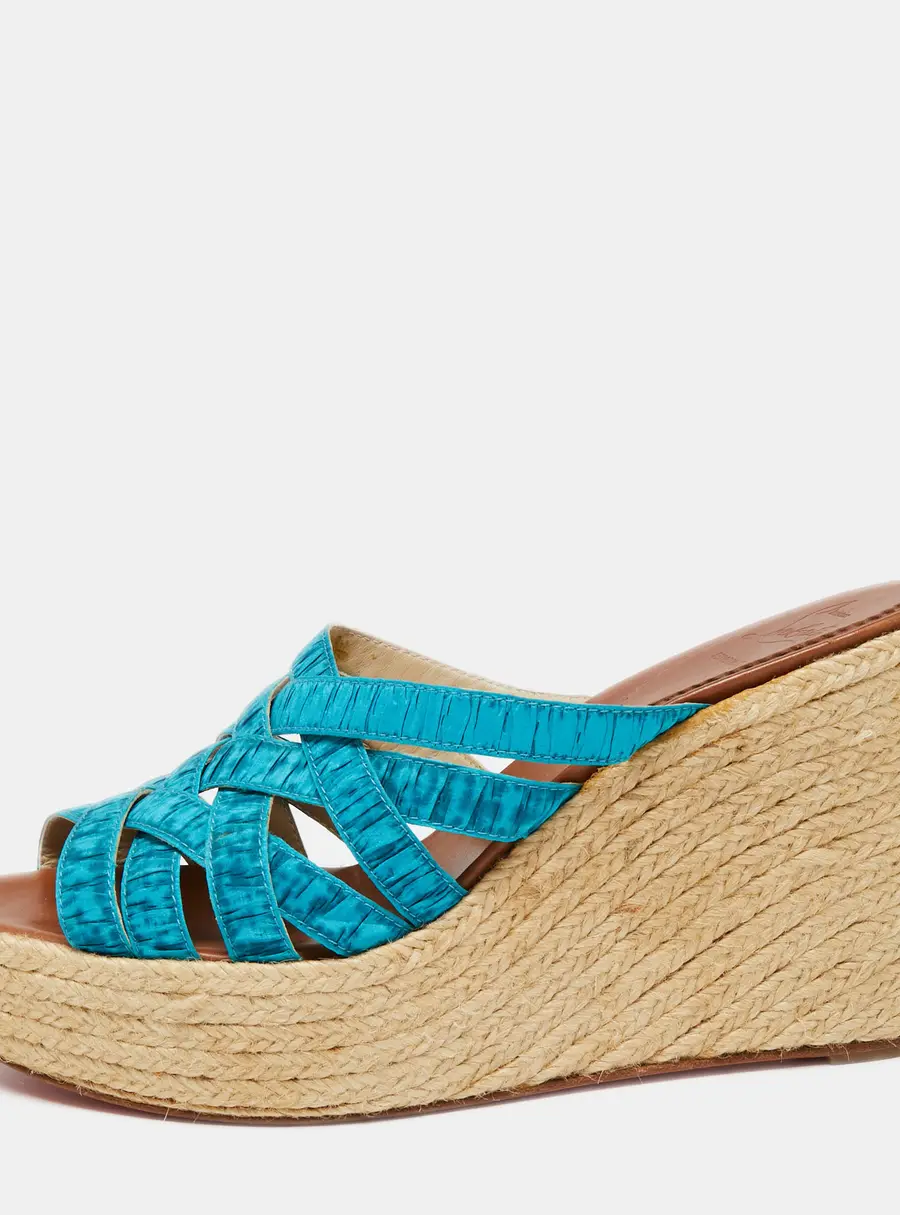 Christian Louboutin Two-Tone Pleated Fabric Crepon Espadrille Platform Wedge Sandals Size 41
