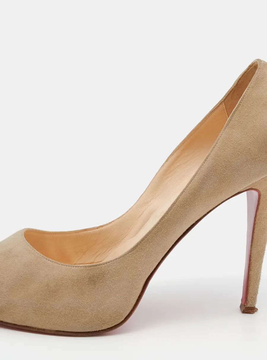 Christian Louboutin Beige Suede Very Prive Crystal Embellished Peep Toe Pumps Size 38.5