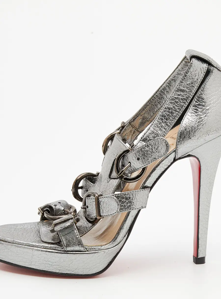 Christian Louboutin Metallic Silver Leather Buckle Sandals Size 35.5