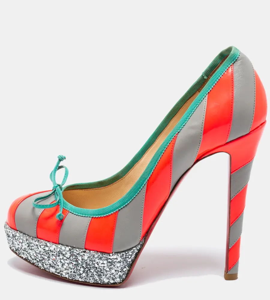 Christian Louboutin Grey/Neon Pink Striped Leather Foraine Glitter Platform Pumps Size 35.5