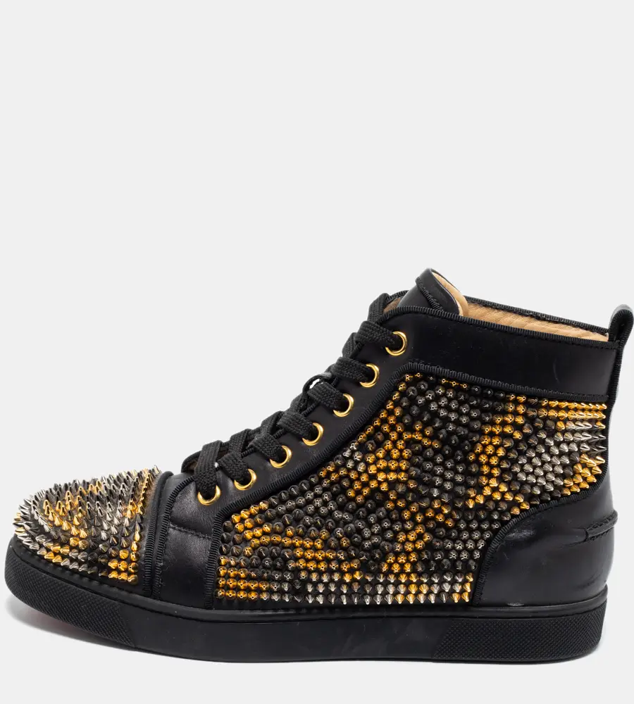 Christian Louboutin Black Leather Louis Spikes High-Top Sneakers Size 36.5