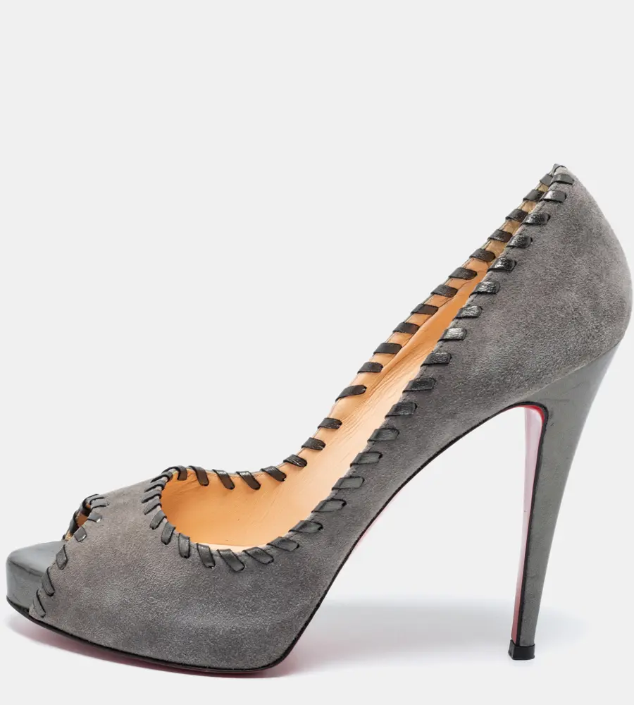 Christian Louboutin Grey Suede Whipstitch Very Prive Peep-Toe Pumps Size 41