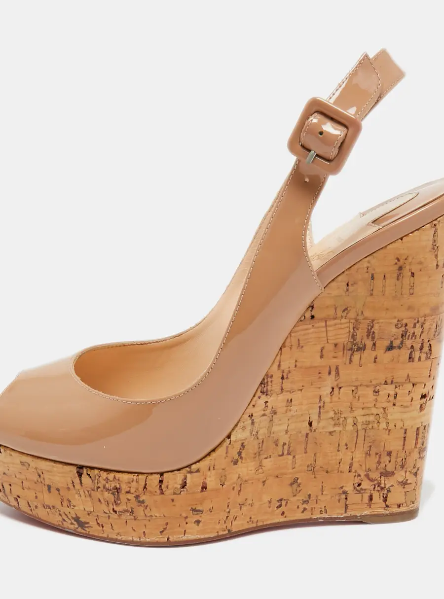 Christian Louboutin Beige Patent Leather Peep Toe Ankle Strap Wedge Sandals Size 40.5