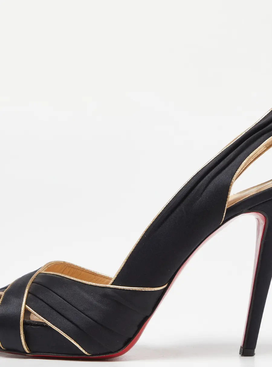 Christian Louboutin Black/Gold Satin and Leather Trim Platform Peep Toe Slingback Sandals Size 42