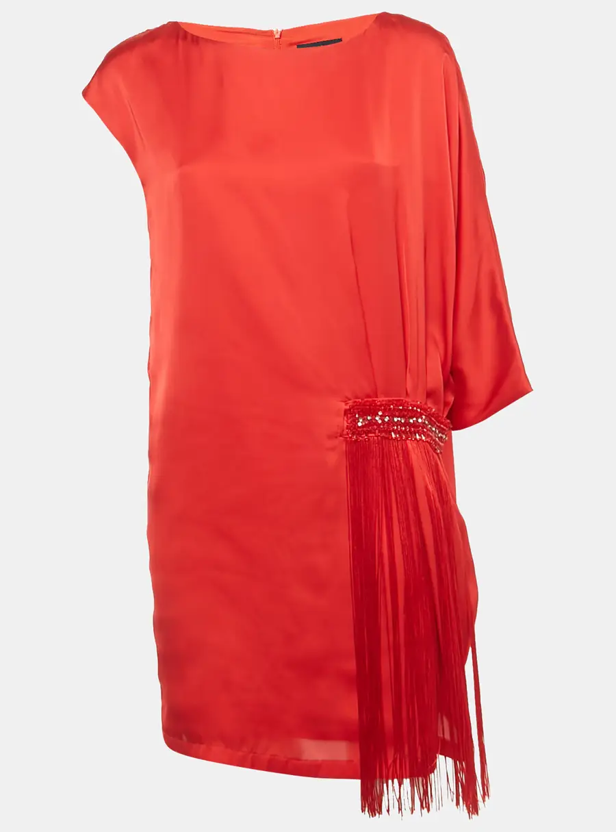 Class by Roberto Cavalli Red Satin Fridge Detail Tunic Mini Dress M
