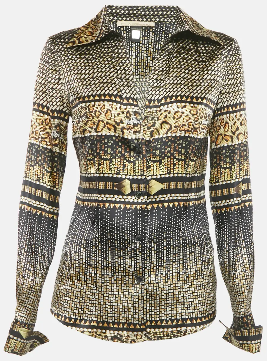 Class by Roberto Cavalli Brown Printed Satin Shirt M