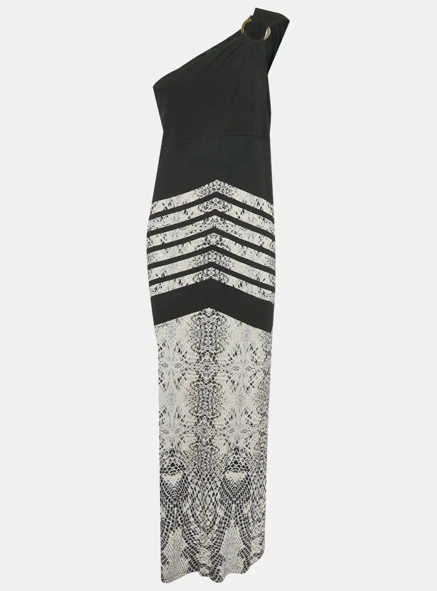 Class by Roberto Cavalli Black Snake Print Jersey One Shoulder Maxi Dress L