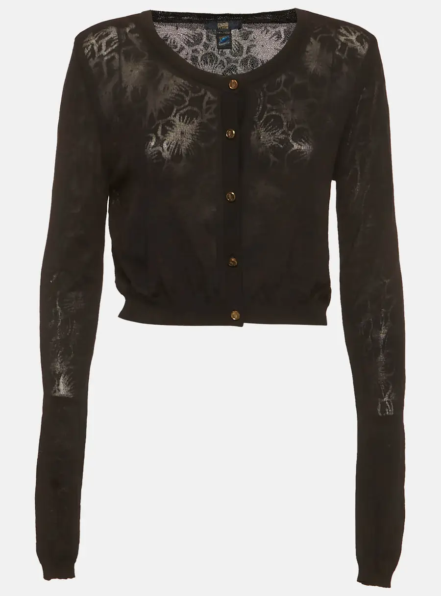 Cavalli Class Black  Floral Patterned Knit Cropped Cardigan M