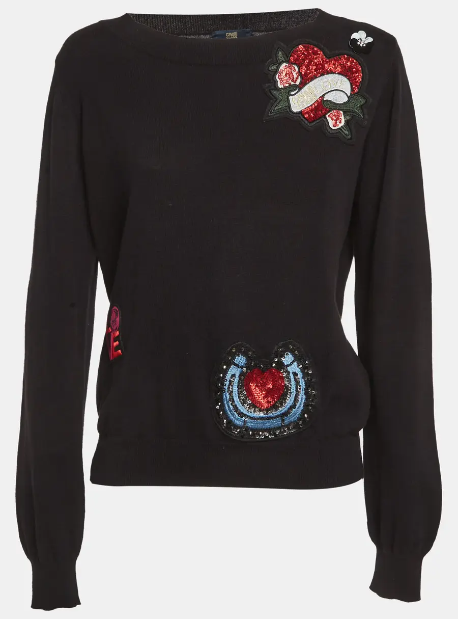 Cavalli Class Black Cotton Knit Embroidered Patch Detail Jumper M