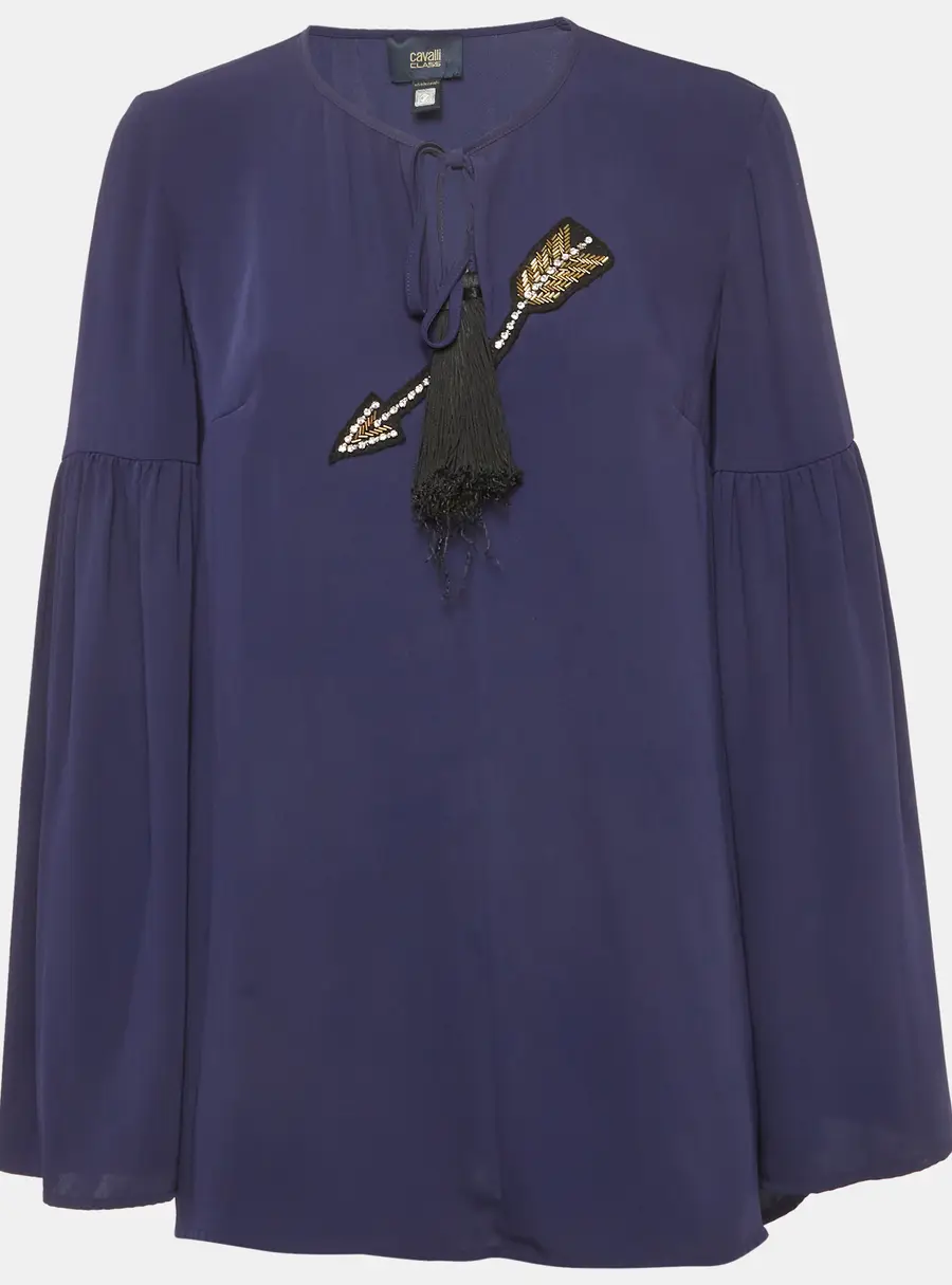 Class by Roberto Cavalli Navy Blue Chiffon Embellished Lace Up Top M