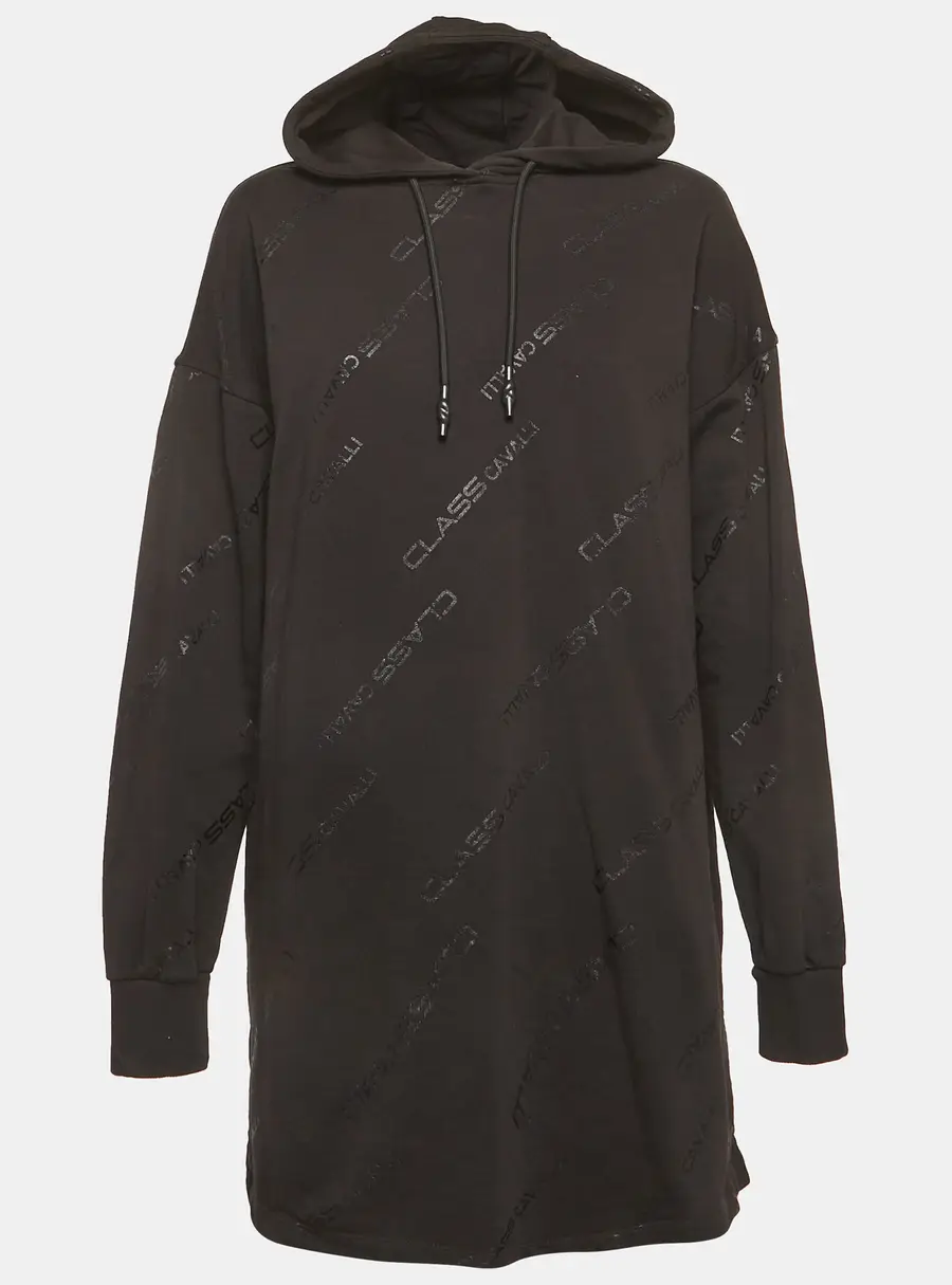 Cavalli Class Black Logo Printed Cotton Knit Oversized Hoodie L