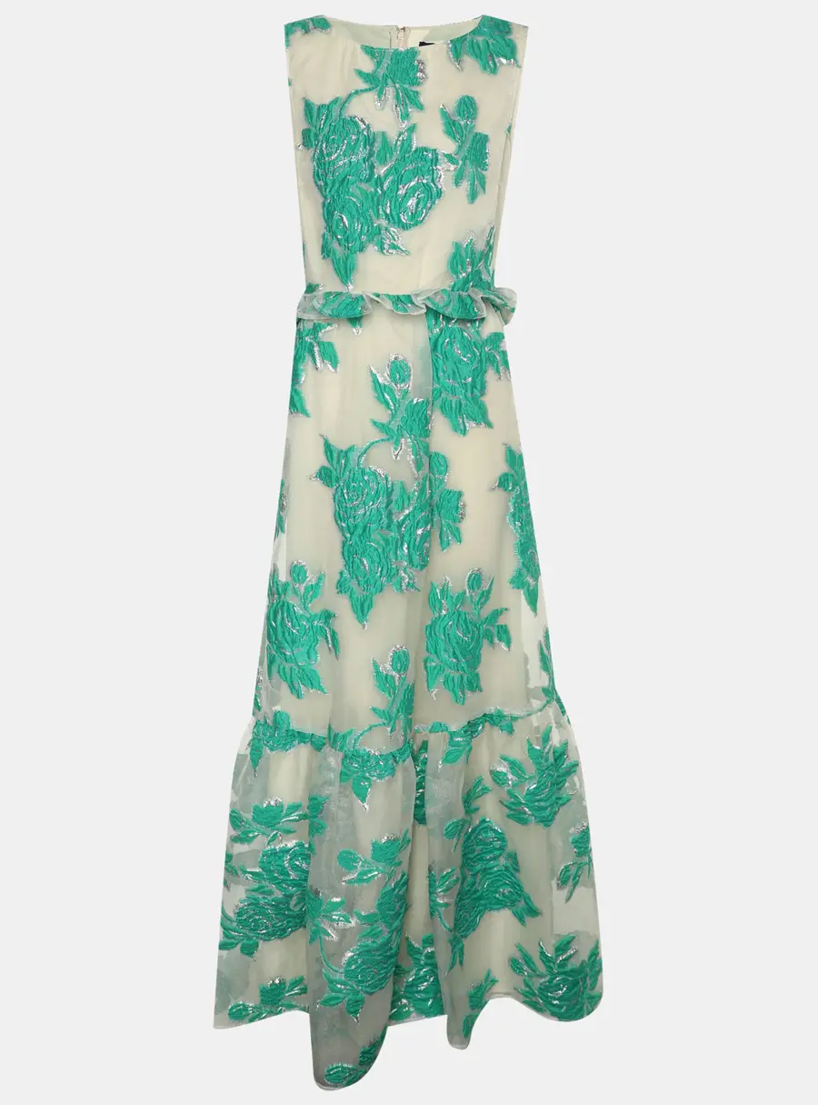Class by Roberto Cavalli White/Green Tulle Embroidered Maxi Dress M
