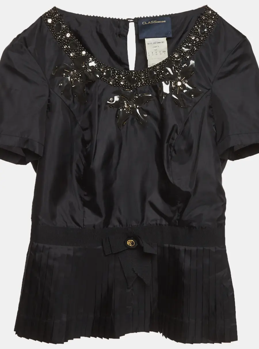 Class by Roberto Cavalli Black Bead Embellished Synthetic Pleated Top M