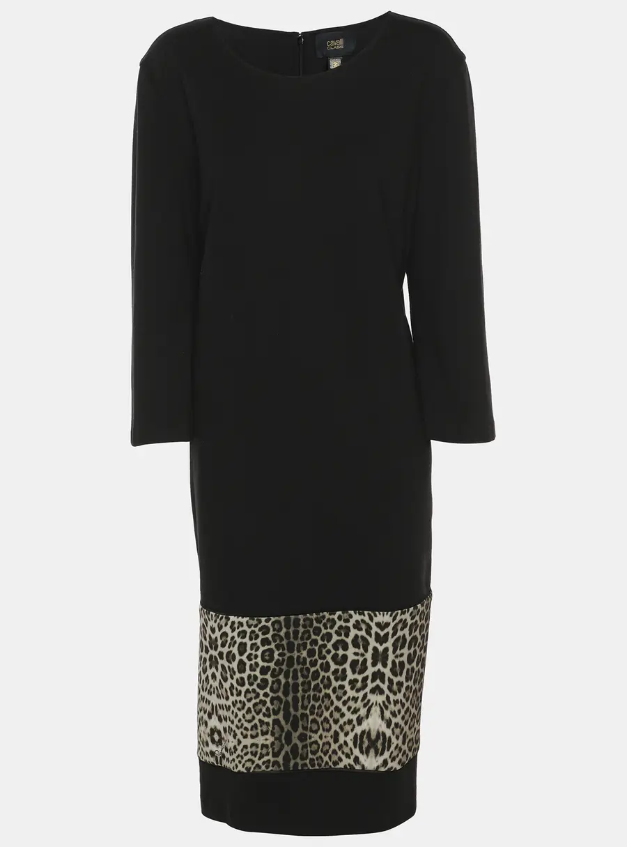 Class by Roberto Cavalli Black Jersey Leopard Print Details Long Sleeve Midi Dress