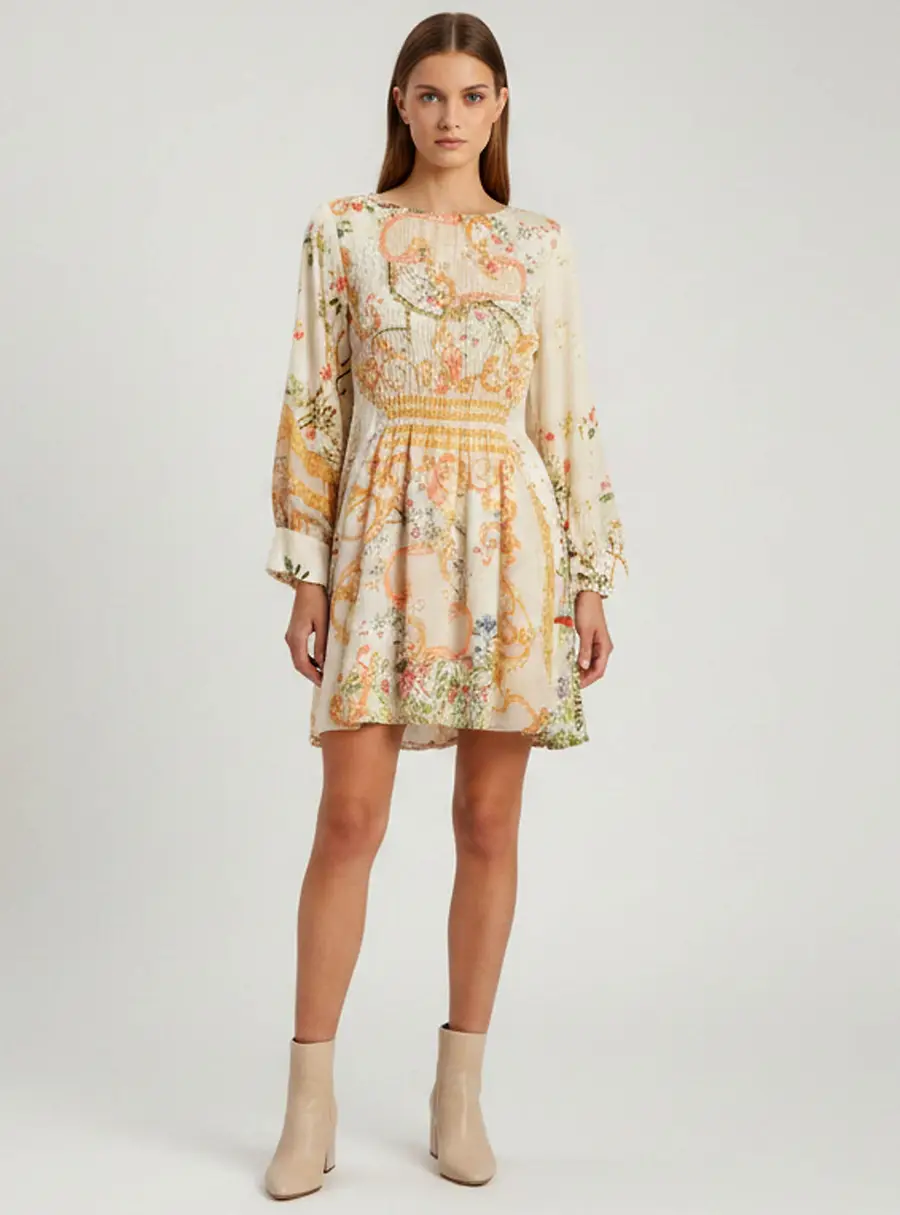 Class by Roberto Cavalli Beige Multicolor Printed Crepe Mini Dress M