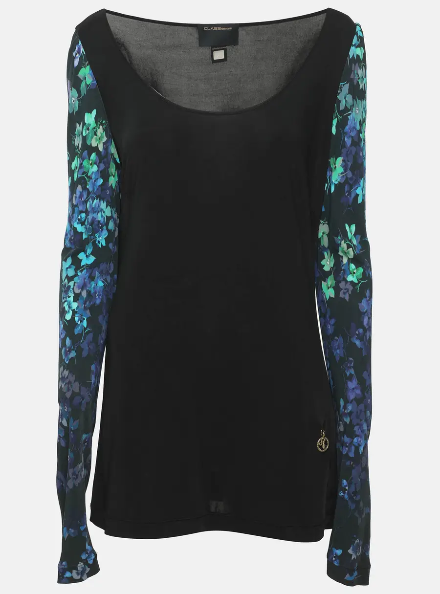 Class by Roberto Cavalli Black Multicolor Printed Sleeve Jersey Blouse L