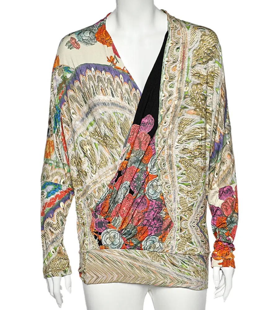 Class Cavalli Multicolor Printed Knit Draped Top L