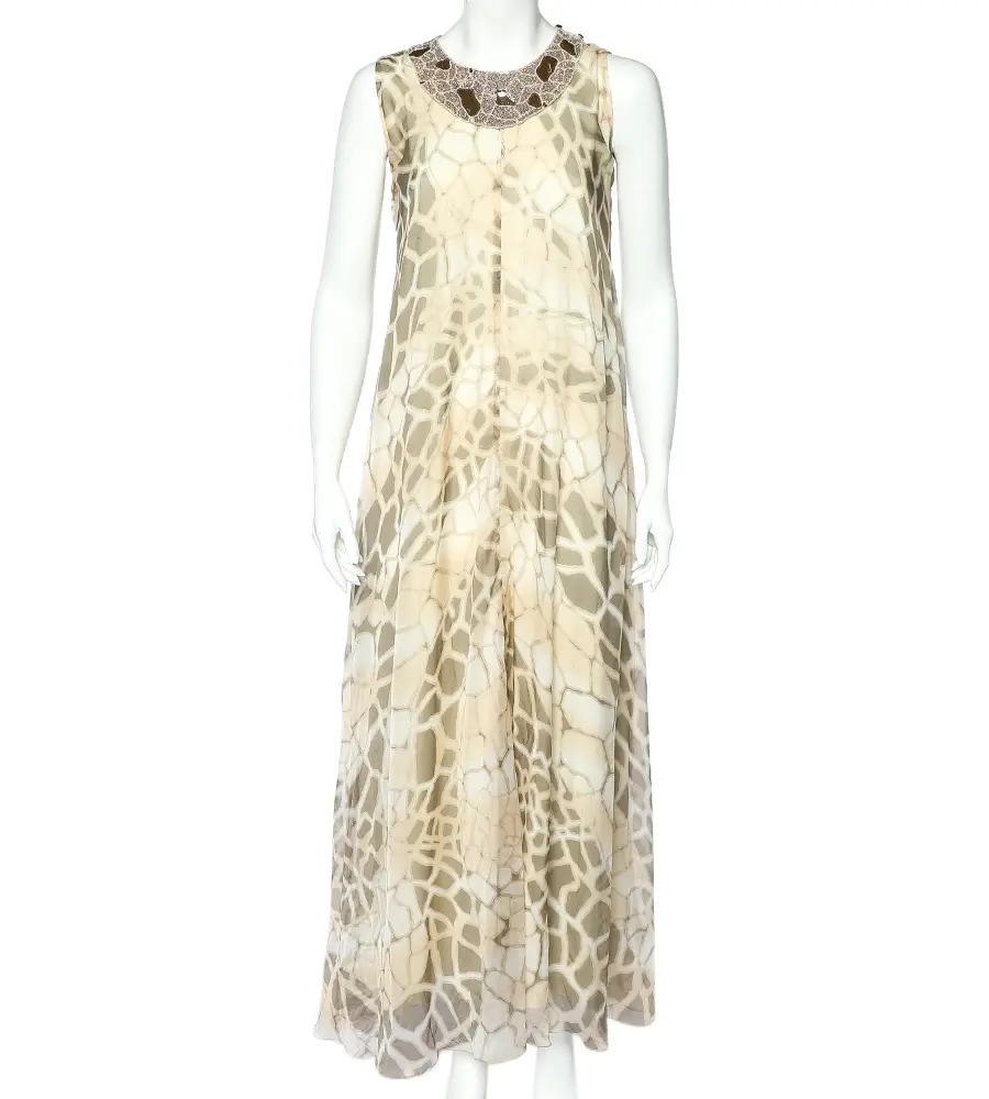 Class by Roberto Cavalli Beige Printed Silk Chiffon Embellished Neck Detail Sleeveless Dress M