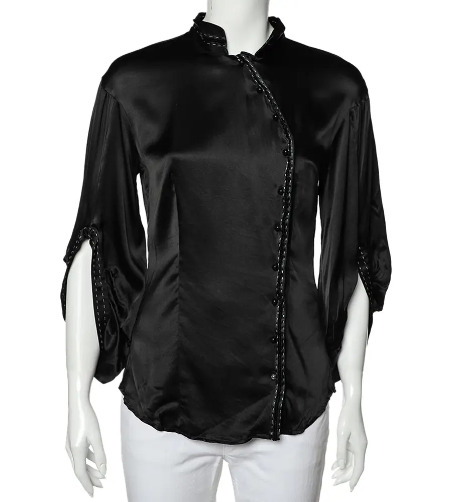 Class by Roberto Cavalli Black Silk Satin Button Front Top M