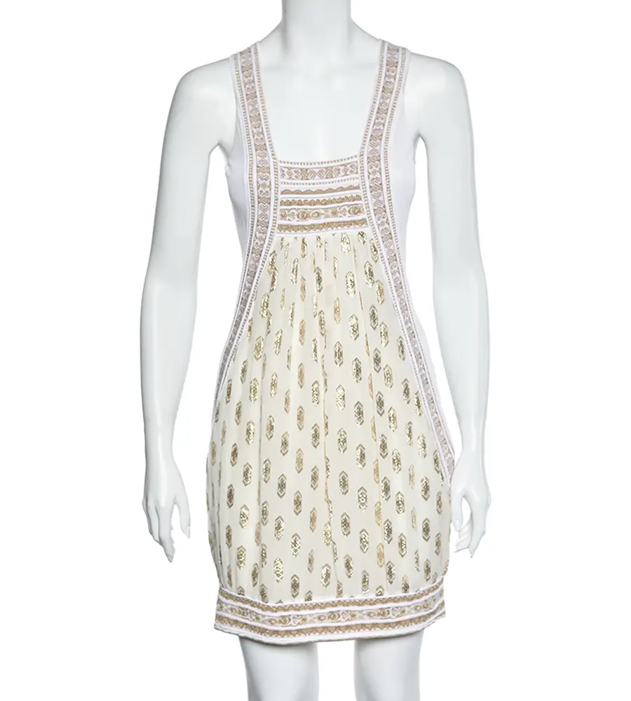 Class by Roberto Cavalli White & Gold Jacquard Sleeveless Mini Dress M